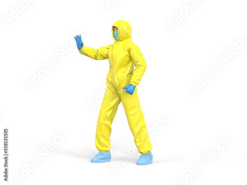 Medic in yellow hazmat suit raise hand  stop sign