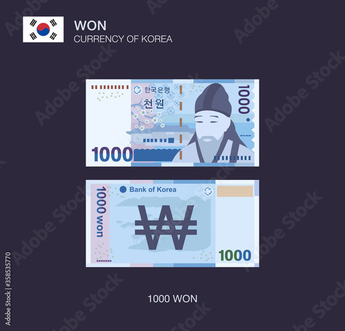 Currency of South Korea. Flat vector illustration of korean one thousand won.