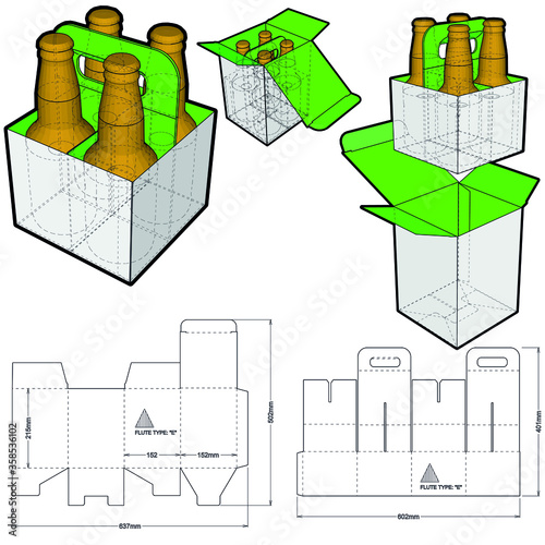 Four pack of bottles self assembly and Die-cut Pattern. The .eps file is full scale and fully functional. Prepared for real cardboard production.
