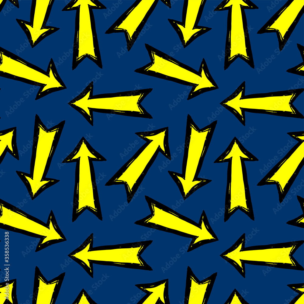 Yellow ink cartoon arrows isolated on dark blue background. Cute seamless pattern. Hand drawn vector flat graphic illustration. Texture. Yellow ink cartoon arrows isolated on dark blue background. Cute seamless pattern. Hand drawn vector flat graphic illustration. Texture.