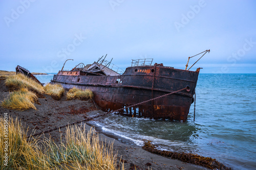 San Grigorio, Chile - March 10, 2020: Abandoned and Rusted Ruins of the Big Ship © Dave