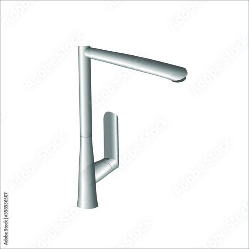 Vector 3d image of a metal faucet in the kitchen in chrome or silver color with a long spout, a schematic representation of the location of the temperature sensor on the handle, on a white background.