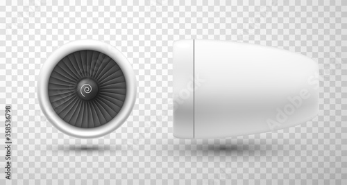 Turbine, turbomachine realistic set. Rotary mechanical device, generating energy. Front, side view.