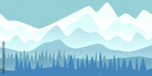 Mountains, forest, snow peaks. Winter background. Landscape in cool blue tones. Vector design.