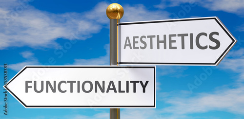 Functionality and aesthetics as different choices in life - pictured as words Functionality, aesthetics on road signs pointing at opposite ways, 3d illustration