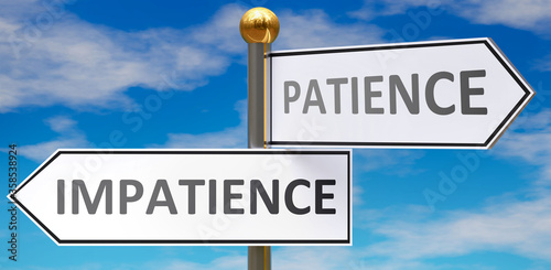 Impatience and patience as different choices in life - pictured as words Impatience, patience on road signs pointing at opposite ways to show that these are alternative options., 3d illustration
