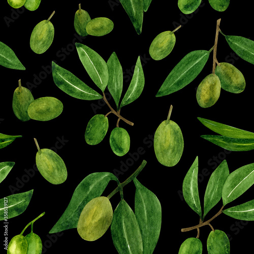 Wallpaper Mural Olives seamless pattern with olive branches and fruits for Italian cuisine design or extra virgin oil food or cosmetic product packaging wrapper. Hand drawn Illustration in watercolor. Torontodigital.ca
