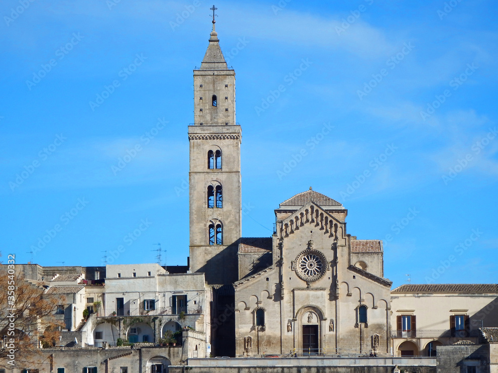 Matera, Basilicata, Italy the old town (sassi di Matera), European Capital of Culture 2019. Church San Pietro Barisano and duomo cathedral.