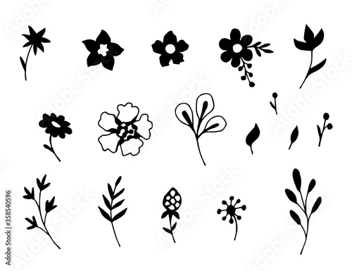 Hand-drawn vector set of floral elements. Black silhouette of small flowers, leaves, twigs on a white background. For prints of stickers, labels, patterns. A simple sketch.