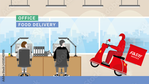 Online shopping and Delivery business. Red bike deliveryman with a fast concept to office workplace