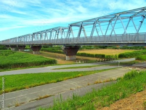 江戸川土手から見る武蔵野線鉄橋の架かる初夏の朝の河川敷風景