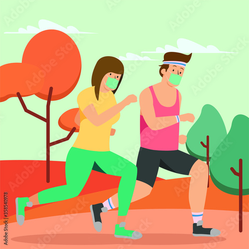 Woman and man are jogging together outside while keep using medical mask