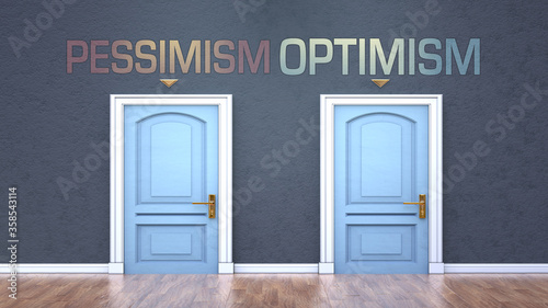 Pessimism and optimism as a choice - pictured as words Pessimism, optimism on doors to show that Pessimism and optimism are opposite options while making decision, 3d illustration