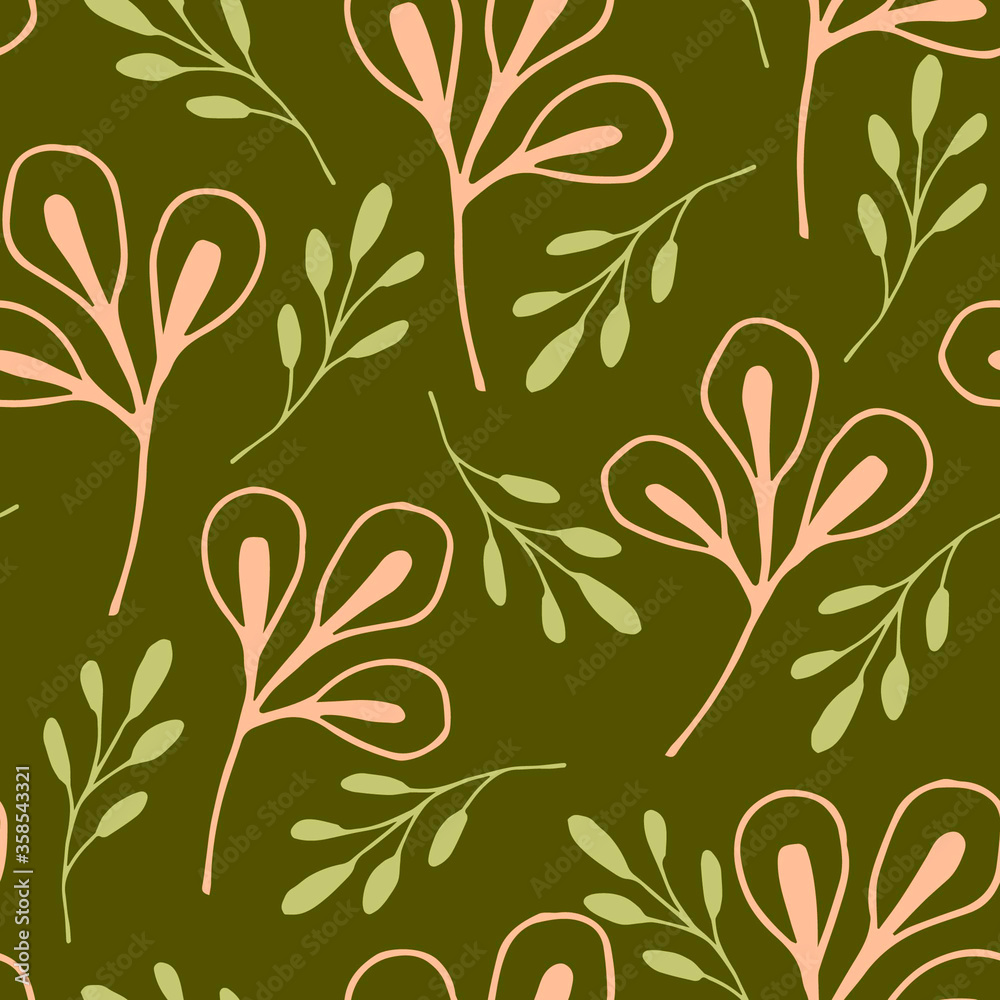 Oriental floral seamless vector pattern in boho style. Hand-drawn pink outline of small flowers, light green twigs on a khaki background. For prints of fabric, clothing, textile products, wallpaper. Oriental floral seamless vector pattern in boho style. Hand-drawn pink outline of small flowers, light green twigs on a khaki background. For prints of fabric, clothing, textile products, wallpaper.