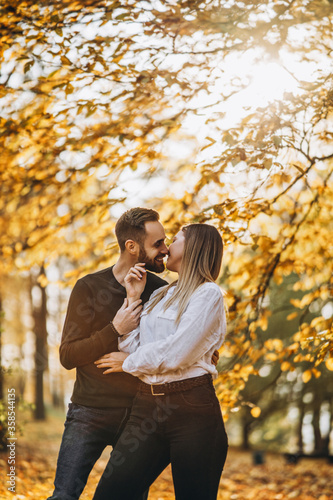 Sunny portrait of a young loving couple walking in the autumn park. © bedya