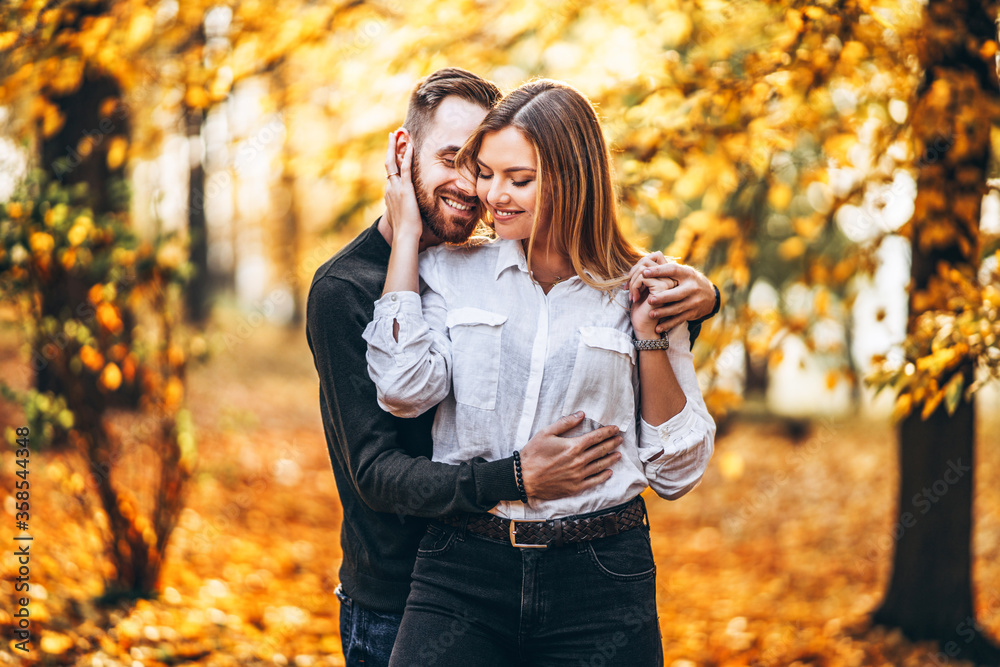 A young couple in love walking in the autumn park on a sunny day. The man gently hugs the woman. Love story A young couple in love walking in the autumn park on a sunny day. The man gently hugs the woman. Love story