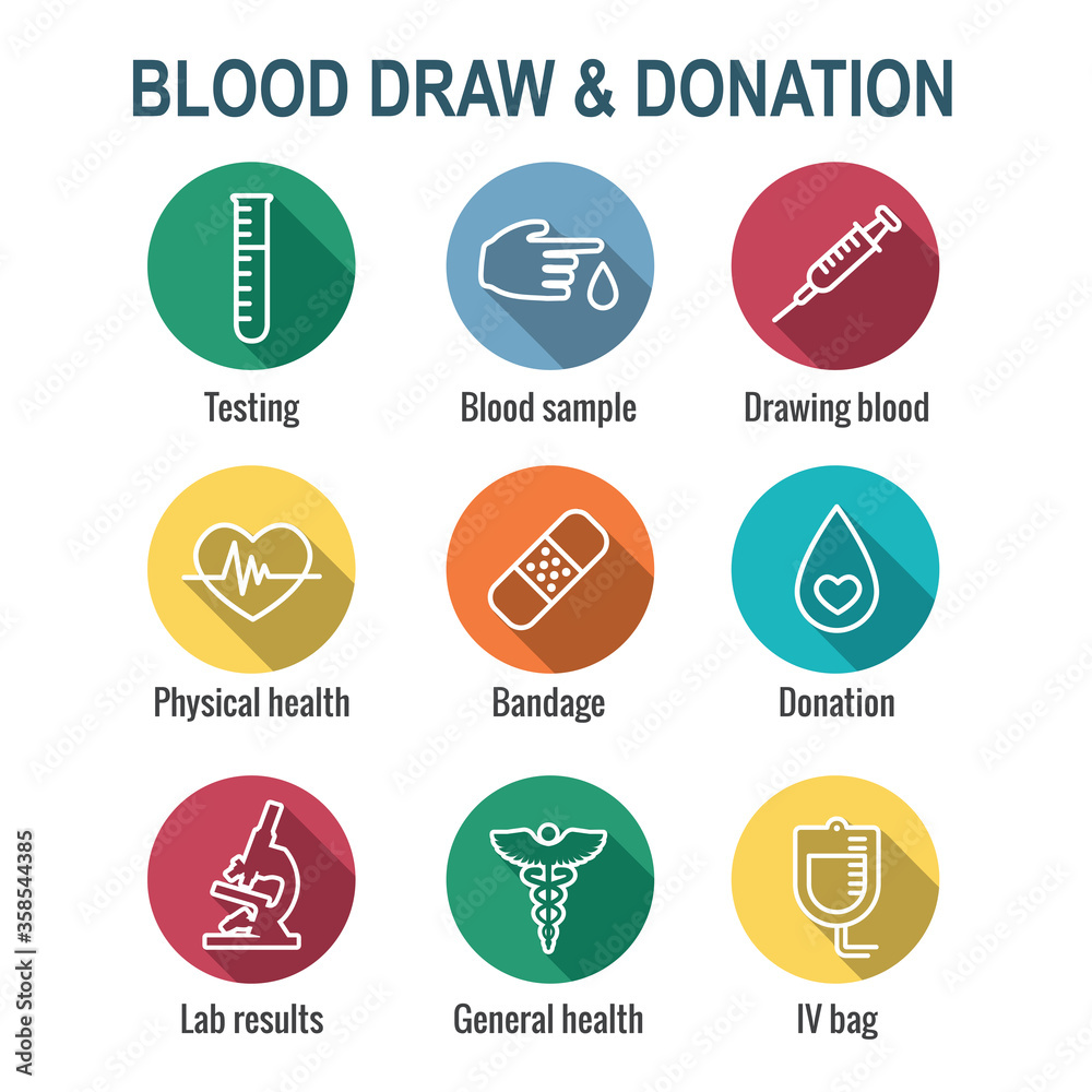 Fototapeta premium Blood testing and work icon set with syringe, donation, & blood sample ideas