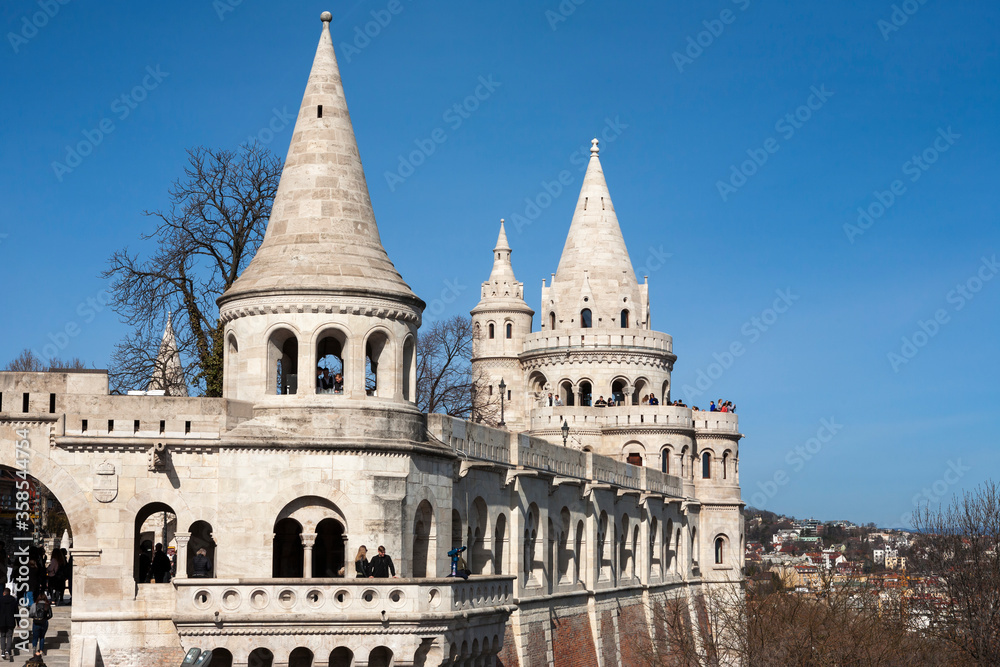 Fishermen's Bastion (Halászbástya), Budapest, Hungary: one of the most important tourist attractions with a unique panorama of Budapest from the Neo-Romanesque lookout terraces