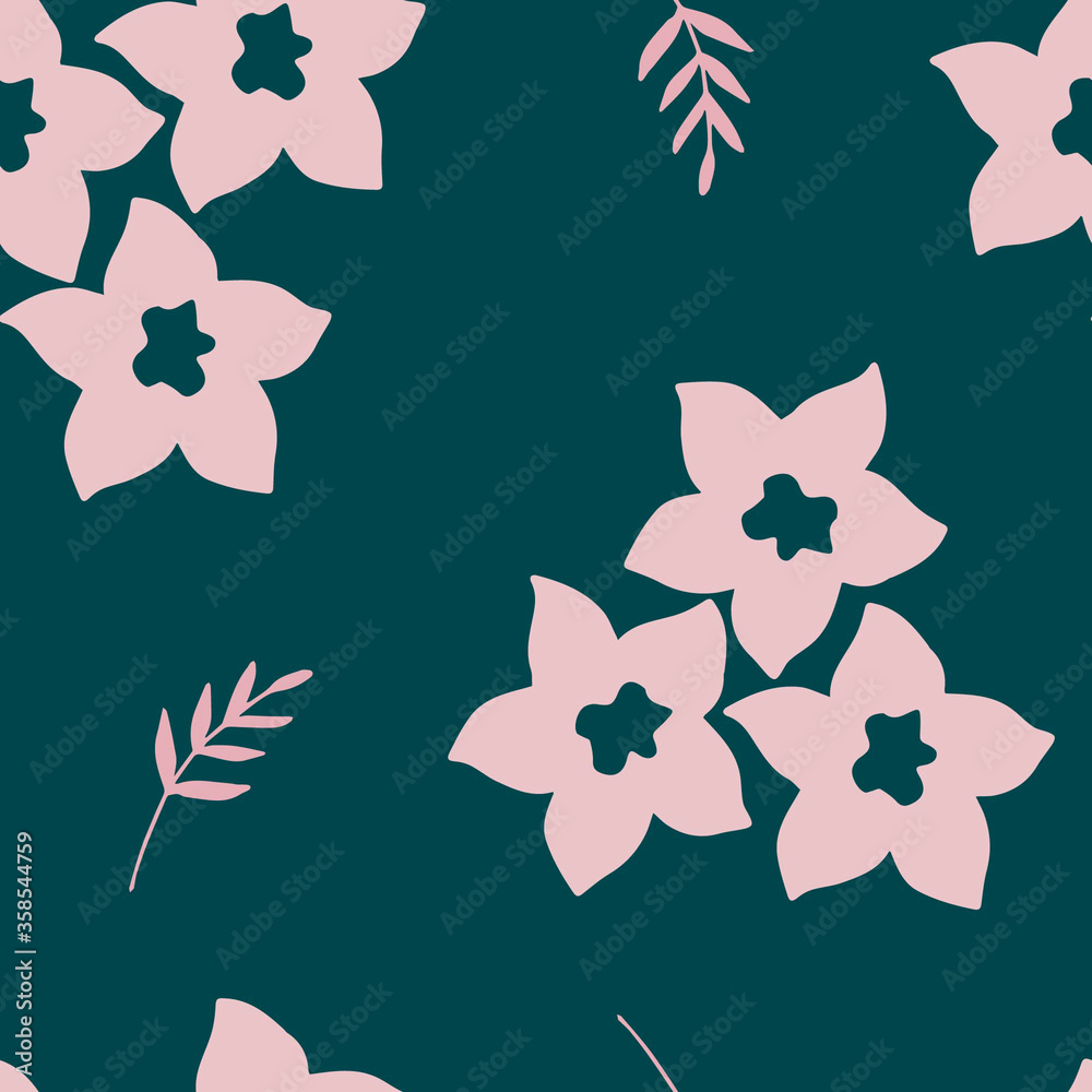 Delicate contrasting floral seamless vector pattern in vintage style. Hand drawn light pink silhouette of small flowers, bouquets, twigs on a dark green background. For prints of fabric, clothing.