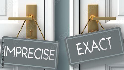 exact or imprecise as a choice in life - pictured as words imprecise, exact on doors to show that imprecise and exact are different options to choose from, 3d illustration