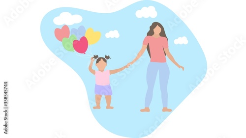 Illustration mom walks with daughter and balls. Vector image, eps 10