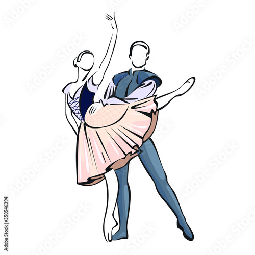 Color linear vector illustration of silhouettes of a man and a woman dancing ballet in costumes