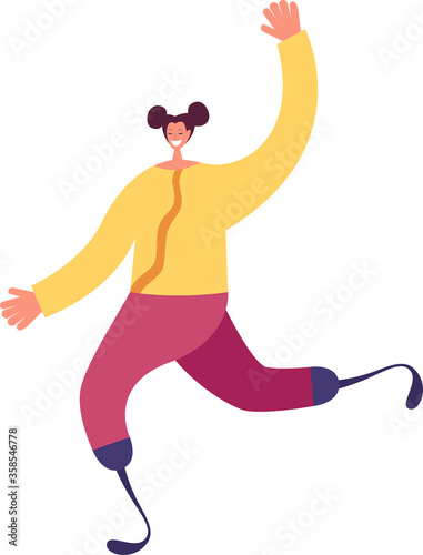 Disabled girl runs. Vector illustration. A young girl without legs runs the distance using a modern prosthesis. Rehabilitation for people with disabilities.