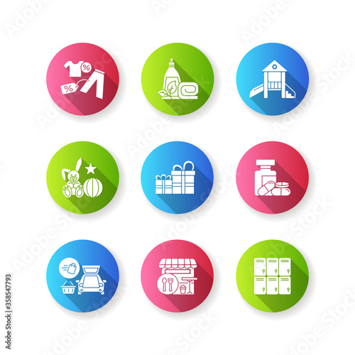 Shopping mall products flat design long shadow glyph icons set. Outlet store. Gift shop. Entertainment center. Curbside pickup delivery. Silhouette RGB color illustration