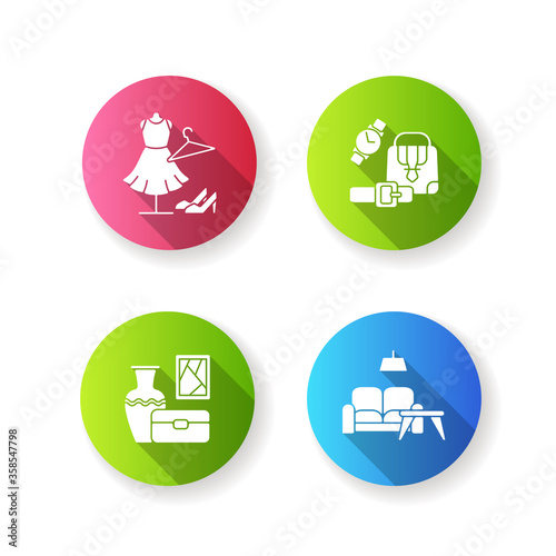Shopping mall products flat design long shadow glyph icons set. Online store categories. Female fashion boutique. Leather accessories. Home furniture. Silhouette RGB color illustration