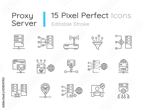 Proxy server linear icons set. Internet data access, virtual connection, cybersecurity customizable thin line contour symbols. Isolated vector outline illustrations. Editable stroke
