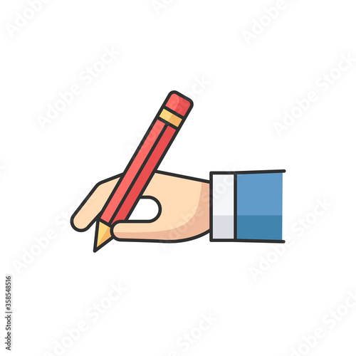 Copy writer RGB color icon. Hand hold pencil. Write signature. Hobby and craft. Tool for drawing. Handwriting on page. Student self expression. Creative freelance work. Isolated vector illustration