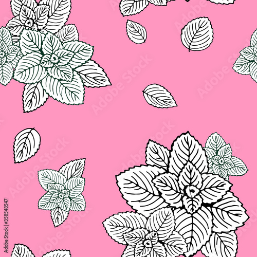 Seamless pattern white mint leaves on a pink background.