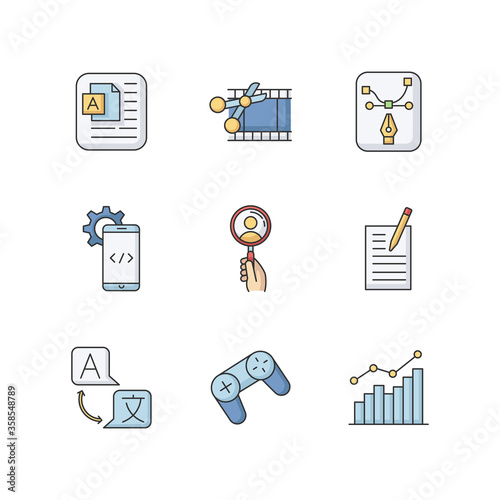 Freelancer work elements RGB color icons set. Copywriter for online blog post. Movie editing. Pen cursor. Mobile software, game development. Language translator. Isolated vector illustrations