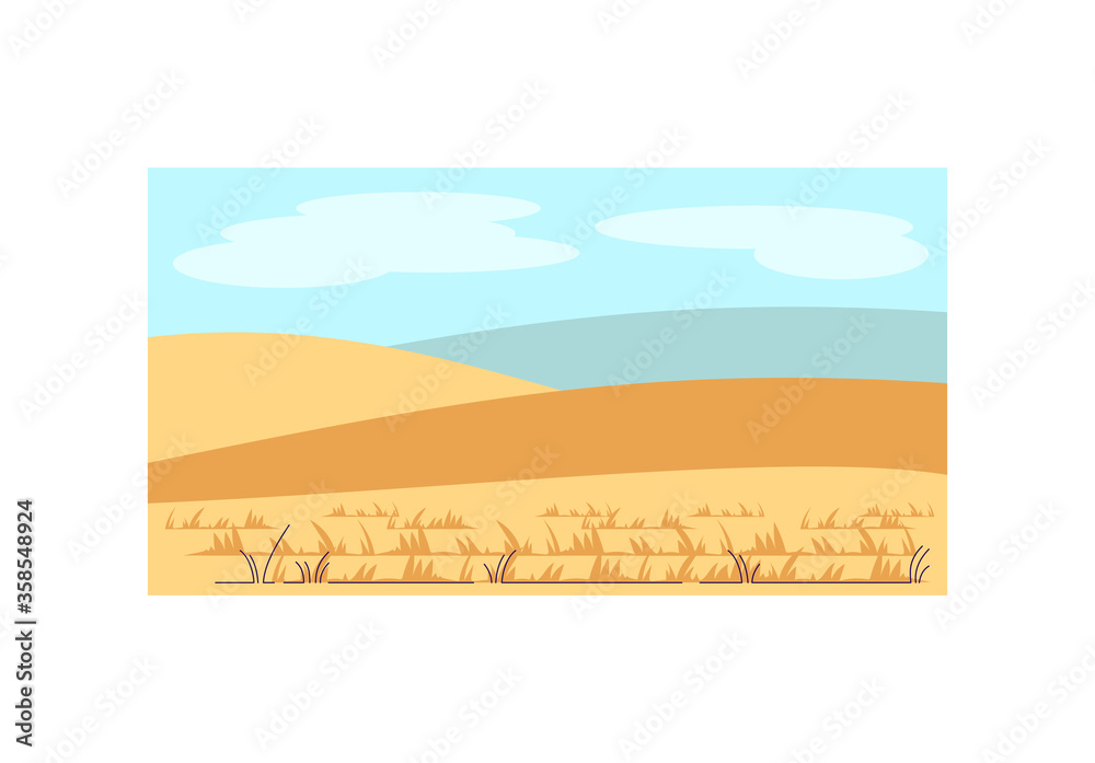 Farmland semi flat vector illustration. Hills with harvest. Rural land. Middle age scenery. Ranch pasture. Sun with clouds. Autumn wheat land 2D cartoon landscape for commercial use