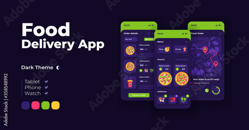Fast food delivery cartoon smartphone interface vector templates set. Mobile app screen page night mode design. Order menu, details and tracker UI for application. Phone display with flat illustration