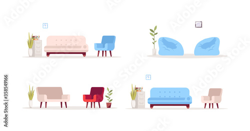 Office furniture semi flat RGB color vector illustration set. Psychologist office. Comfortable workplace, corporate interior. Couche isolated cartoon objects on white background collection