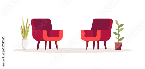 Red opposing chairs semi flat RGB color vector illustration. Two armchairs for psychological consultation. Comfortable home interior. Office furniture isolated cartoon object on white background