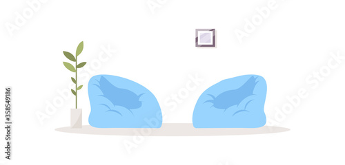 Two bag chairs semi flat RGB color vector illustration. Comfortable blue opposing chairs for relaxation. Coworking space. Office comfortable furniture isolated cartoon object on white background