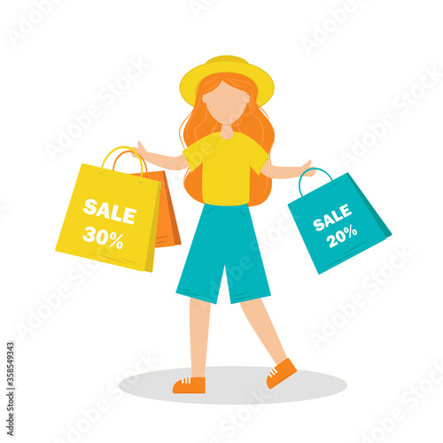 Girl shopping. Happy girl with shopping goes home from the store.Flat illustration in flat style.