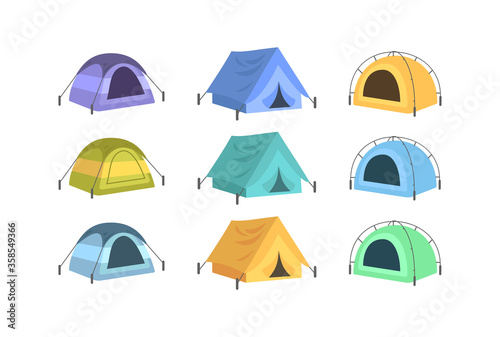Colorful tents semi flat vector illustration set. Summer recreation, rest after hiking. Campsite canopy for tourist. Campsite shelter 2D cartoon objects for commercial use collection