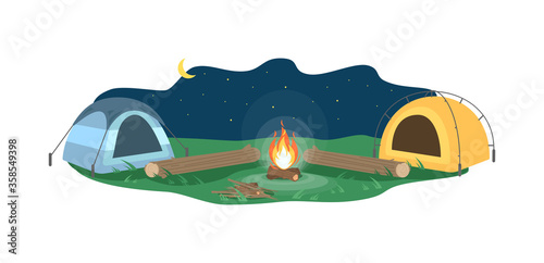 Night camp semi flat vector illustration. Opposing tents near bonfire. Camping outdoors during nighttime. Summer recreation. Logs outside canopy. Campground 2D cartoon landscape for commercial use © bsd studio