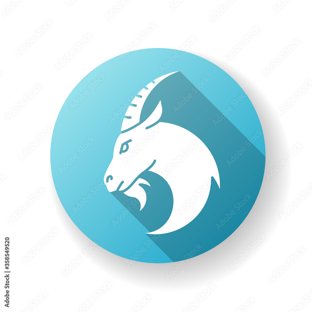 Capricorn zodiac sign blue flat design long shadow glyph icon. Astrology, horoscope goat. Domestic cattle, farmland livestock. Herbivore farm animal with horns silhouette RGB color illustration Capricorn zodiac sign blue flat design long shadow glyph icon. Astrology, horoscope goat. Domestic cattle, farmland livestock. Herbivore farm animal with horns silhouette RGB color illustration