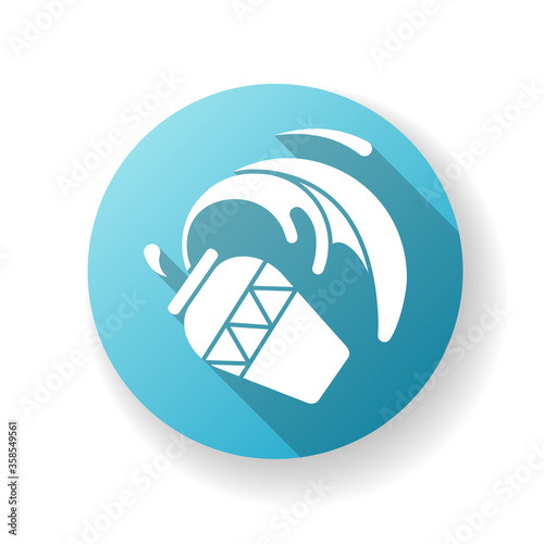 Aquarius zodiac sign blue flat design long shadow glyph icon. Astrology, horoscope water bearer. Traditional pottery, earthenware with fluid, Spilled jug silhouette RGB color illustration