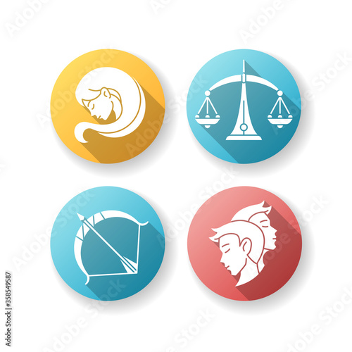 Birth signs flat design long shadow glyph icons set. Maiden, scales, archer and twins zodiac. Virgo, libra, sagittarius and gemini horoscope signs. Silhouette RGB color illustration