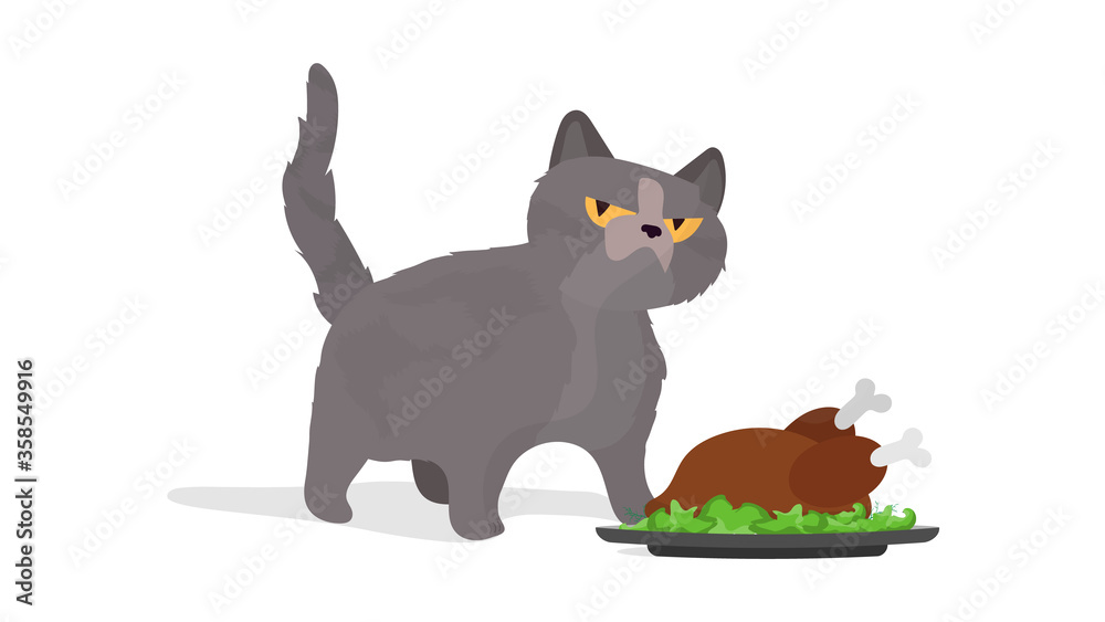 Funny cat is holding a roast turkey. A cat with a funny look holds a fried chicken. Good for stickers, cards and t-shirts. Isolated. Vector. Funny cat is holding a roast turkey. A cat with a funny look holds a fried chicken. Good for stickers, cards and t-shirts. Isolated. Vector.