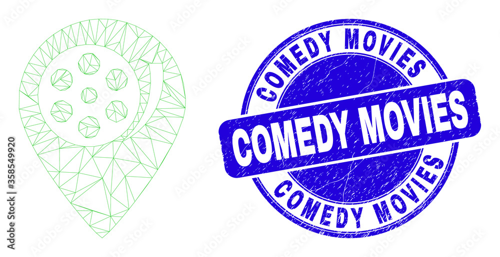 Obraz premium Web mesh movie map marker icon and Comedy Movies stamp. Blue vector round scratched stamp with Comedy Movies message. Abstract frame mesh polygonal model created from movie map marker icon.