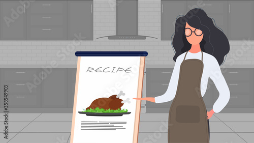 Woman cook in the kitchen keeps leading a culinary vlog. A girl in a kitchen apron holds a fried chicken. Vector.