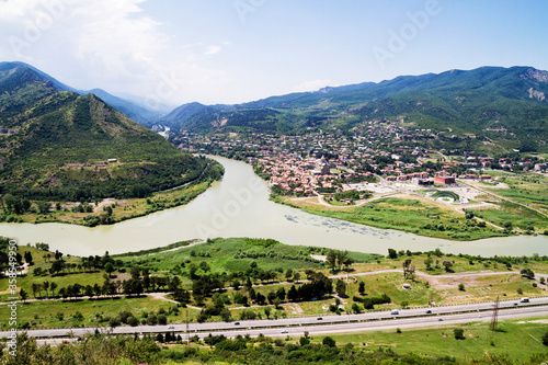 View to confluence Aragvi and Mtikvari rivers and town of Mtsheta from Jvari church. Georgia photo