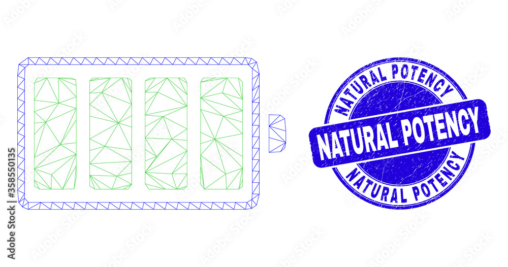 Web carcass electric battery pictogram and Natural Potency seal. Blue vector round textured seal stamp with Natural Potency title.