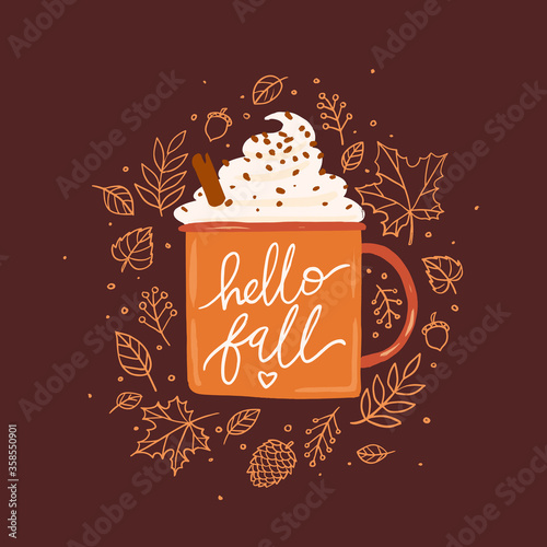 Hello September isolated vector autumn illustration, dark background, orange coffee cup with whipped cream, cinnamon stick, leaf wreath for poster, print, menu design, greeting card.